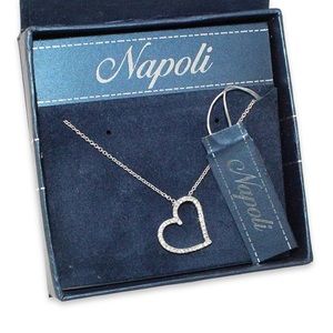 Napoli Open Heart Pendant Necklace Rhinestone Silver Tone New With Box